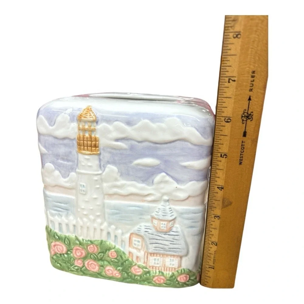 Vintage 1980s Handpainted Ceramic Tissue Box Cover Lighthouse Nautical Cottage